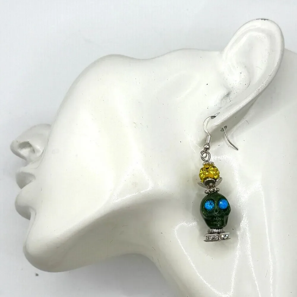 Dark green Skull Day of the Dead Dia de Muertos Dangle Earrings Halloween  Women